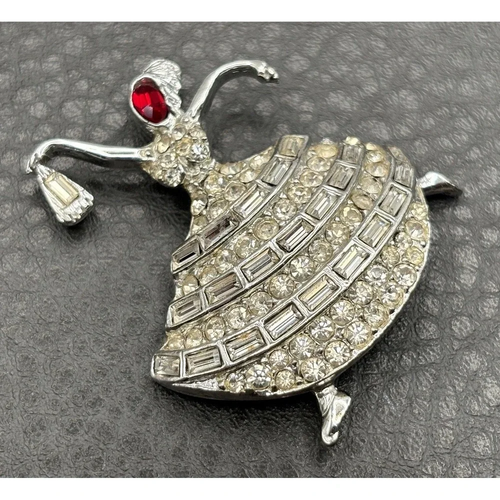 Vintage Rhinestone Ballerina Dancer Lady Brooch Pin Red Crystal Silver Tone